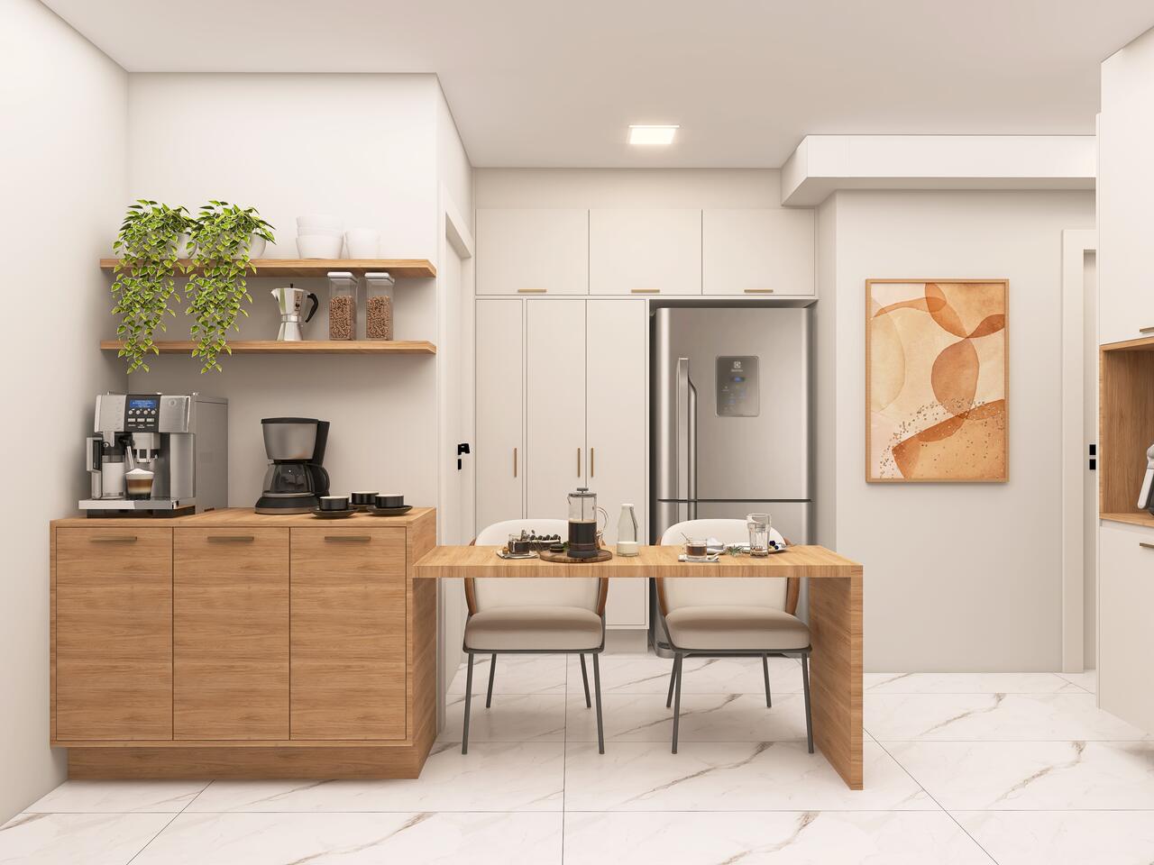 Café na bancada da cozinha, com espaço para relaxar. 