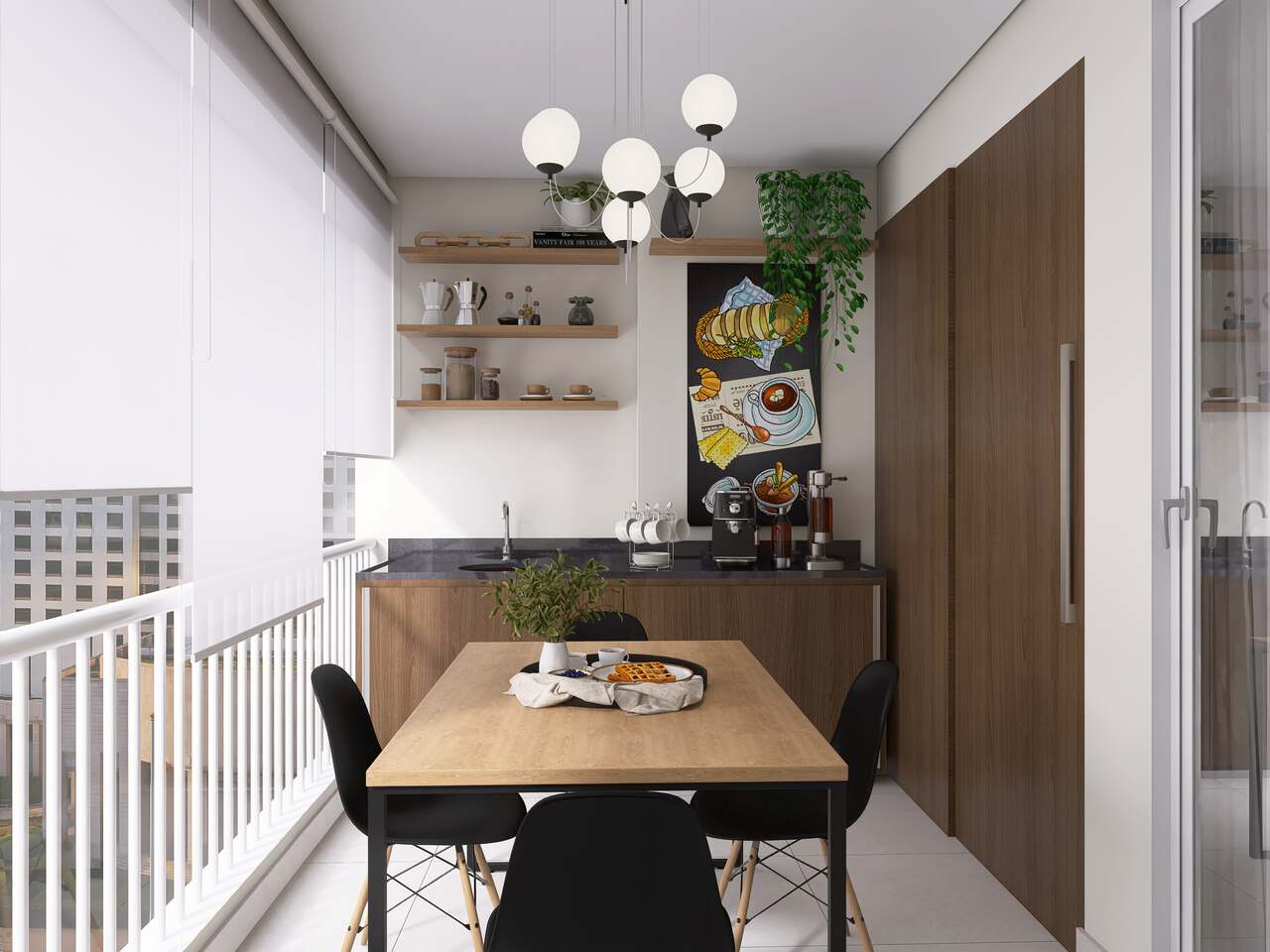 Cantinho do café na cozinha que maximiza o espaço.