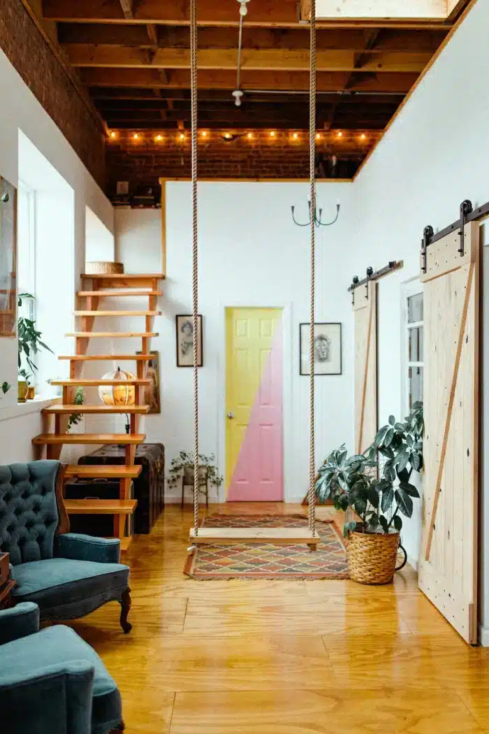 Transform Your Studio Apartment into a Stunning Loft: Expert Tips and Tricks 7 Foto de uma área interna de um loft, com piso uniforme e móveis contemporâneos.
