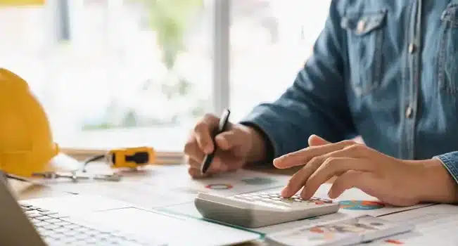 Homem sentado a mesa com caneta e calculadora, verificando custos na construção civil.