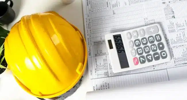 Imagem de capacete e calculadora representando análises econômicas na construção civil.