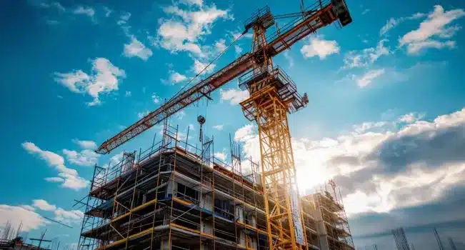 Imagem de uma grua em construção sob céu azul.