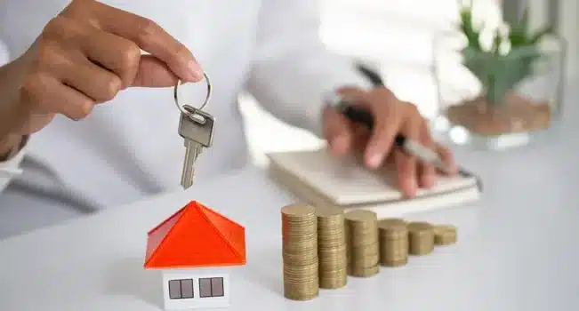 Homem segurando chaves de casa, com moedas e miniatura de residência.
