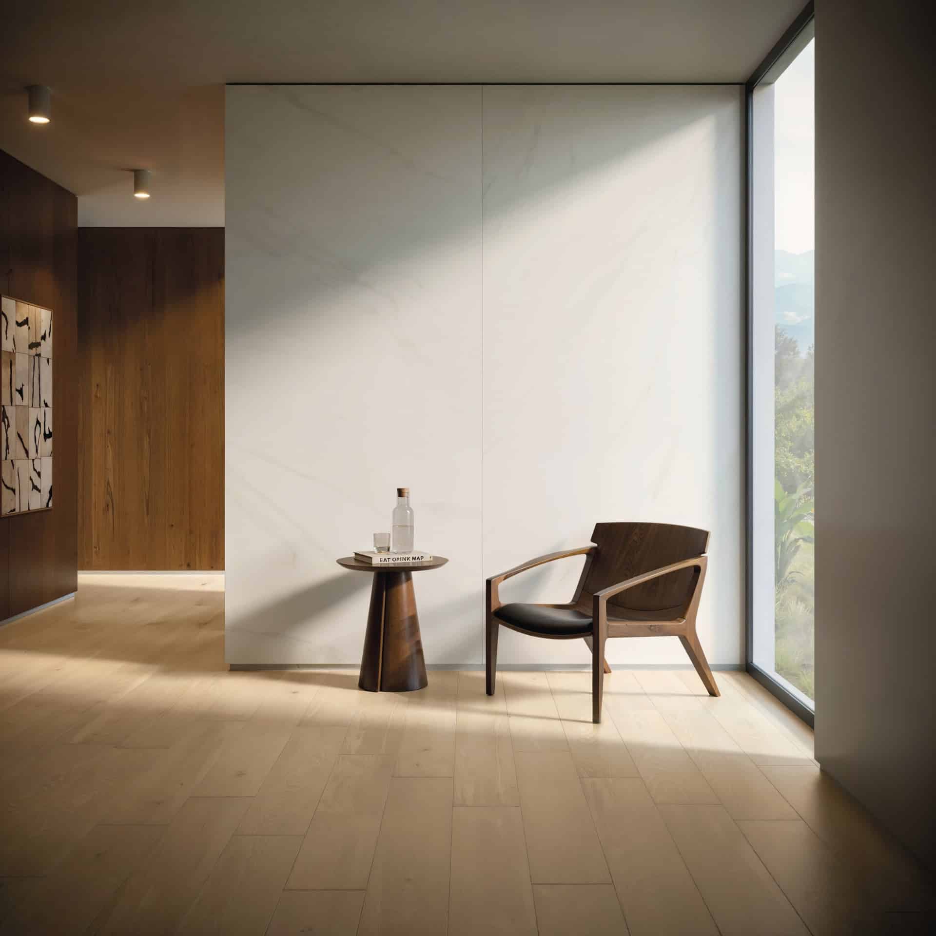 Ambiente com parede em porcelanato mármore carrara. Na frente dela é uma mesinha e uma poltrona