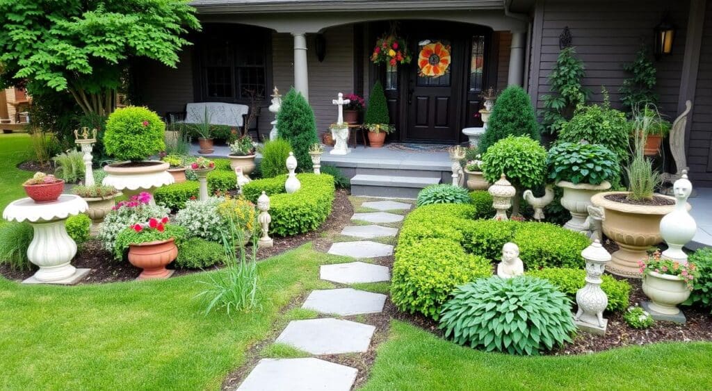 Elementos decorativos em jardins frontais, com foco na estética e funcionalidade.