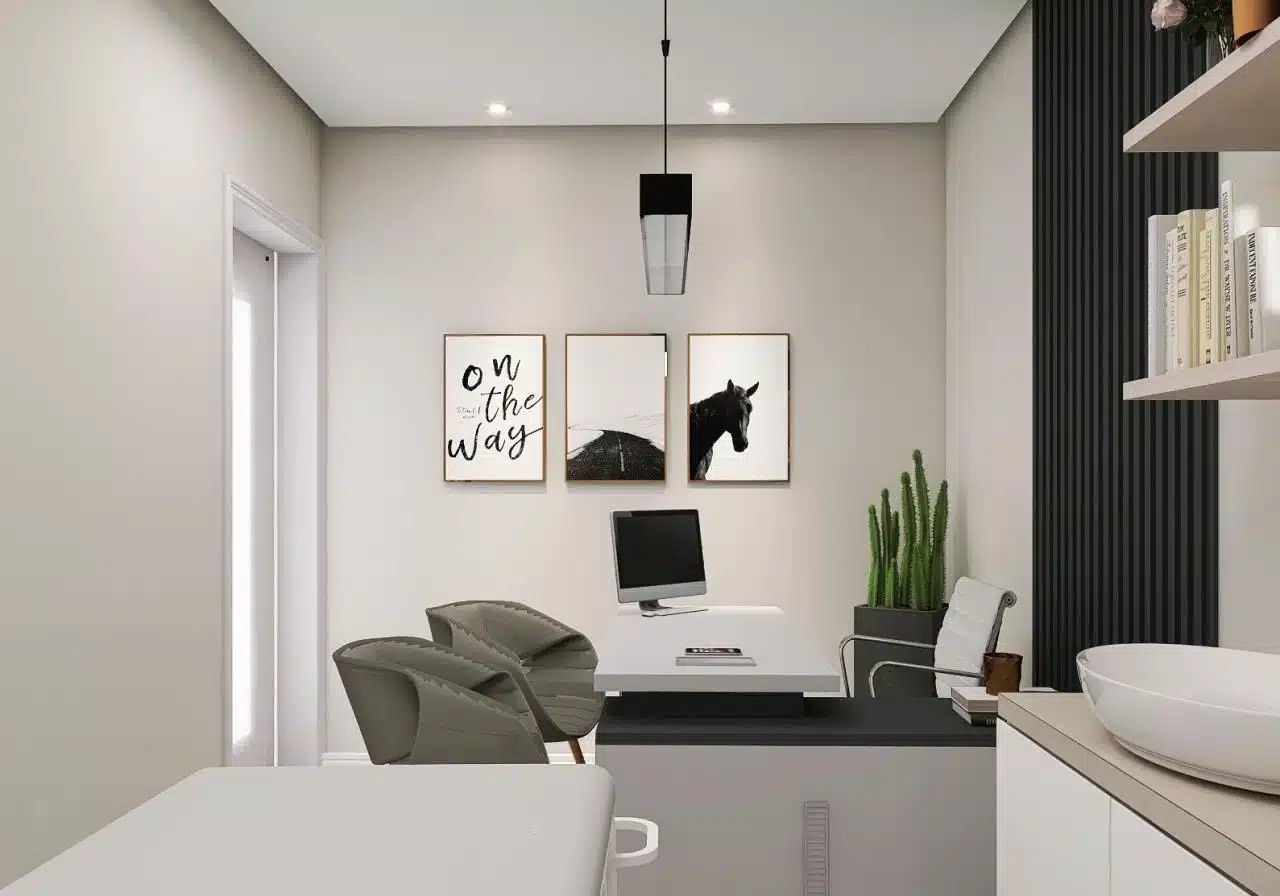 Consultório decorado com um design confortável e moderno.