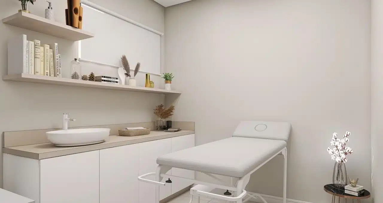 Ambiente de consulta com uma paleta de cores suaves e relaxantes.