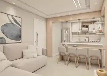 IS IT WORTH USING VINYL FLOORING IN THE KITCHEN? WHAT NO ONE TELLS YOU ABOUT THIS MATERIAL 10 Cozinha americana com sala, mostrando integração dos ambientes.