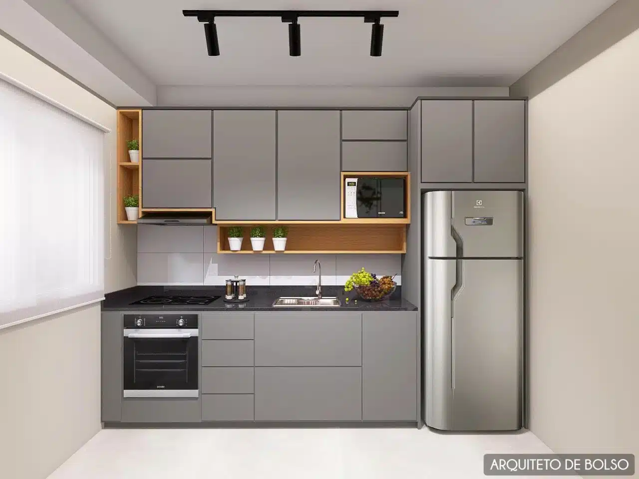 Imagem de uma cozinha americana moderna com decoração elegante.