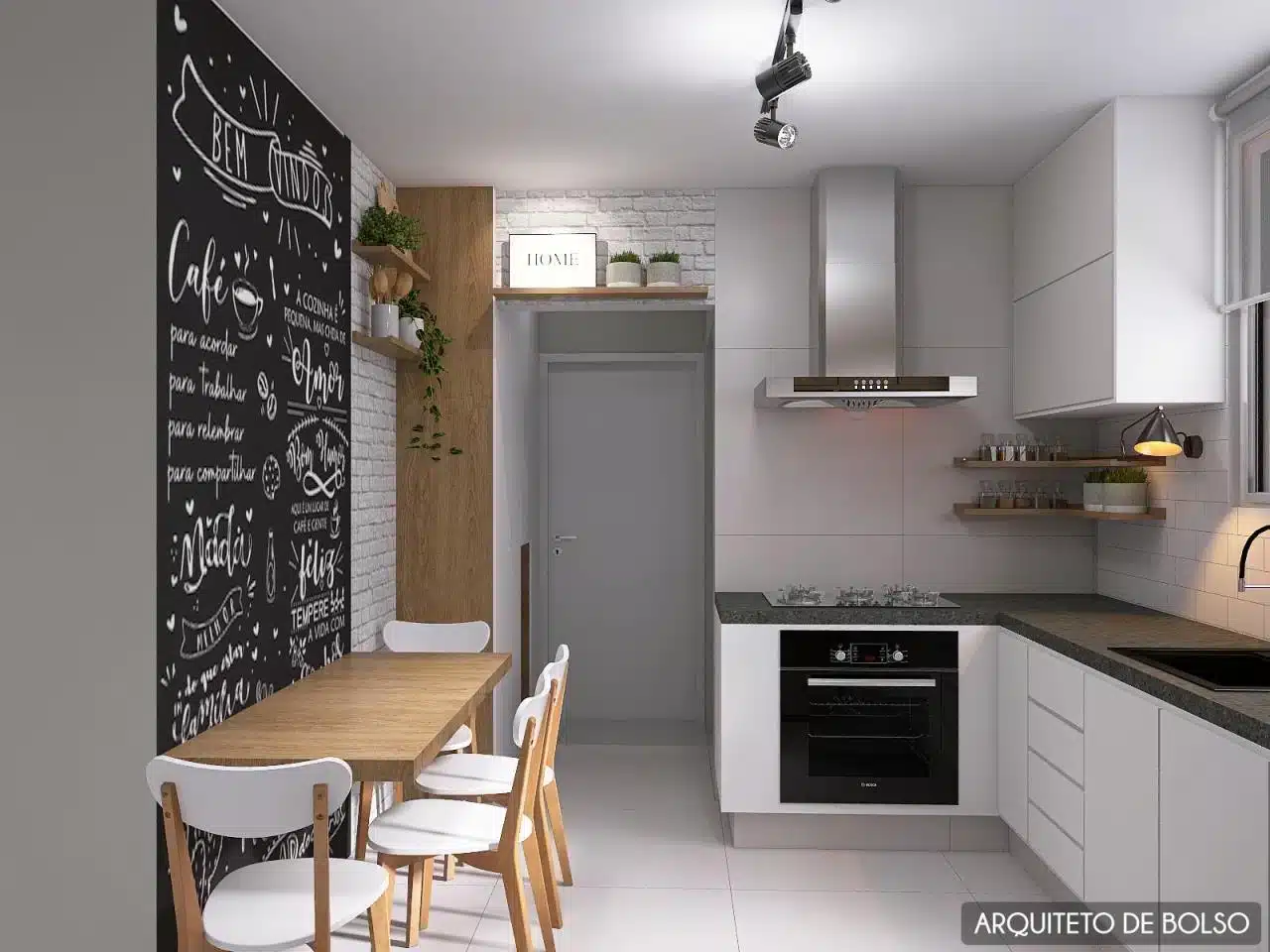 Detalhe da cozinha completa com armários planejados e utensílios organizados.