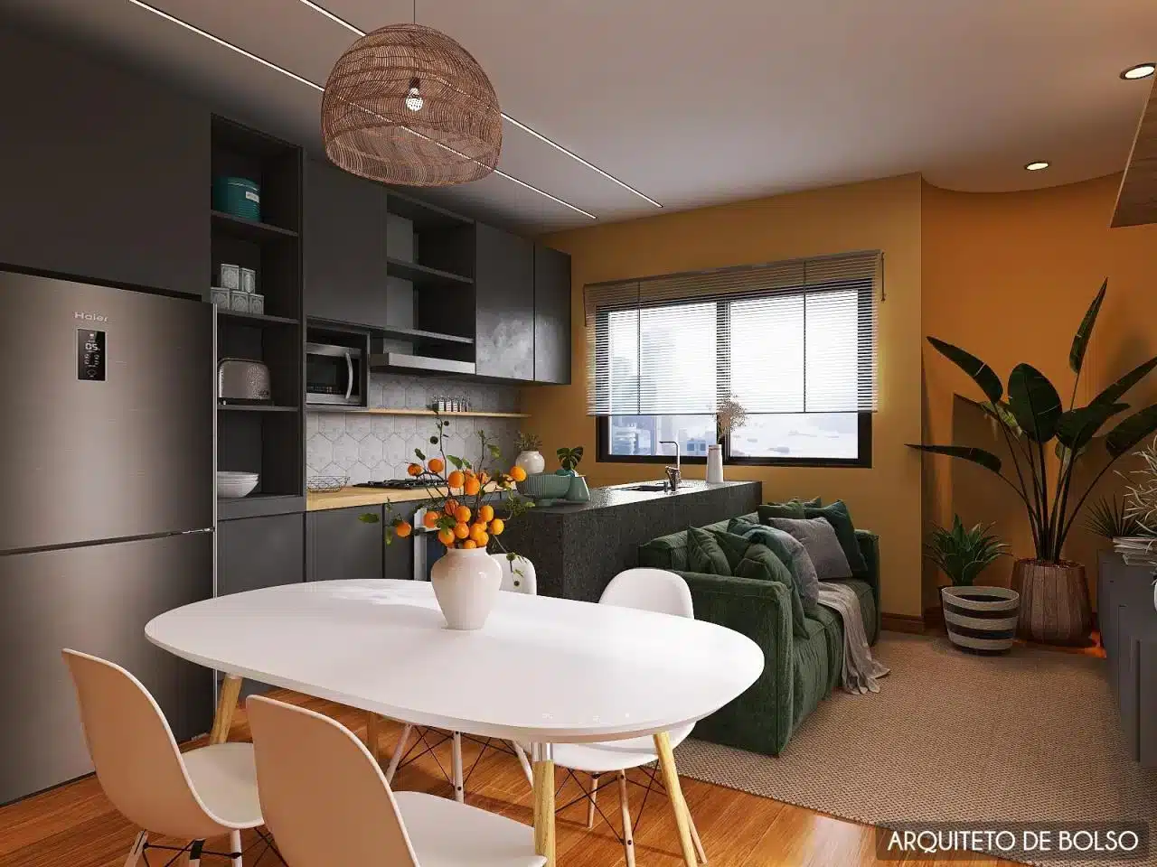 Cozinha completa do Arquiteto de Bolso mostrando a disposição de móveis e decoração.