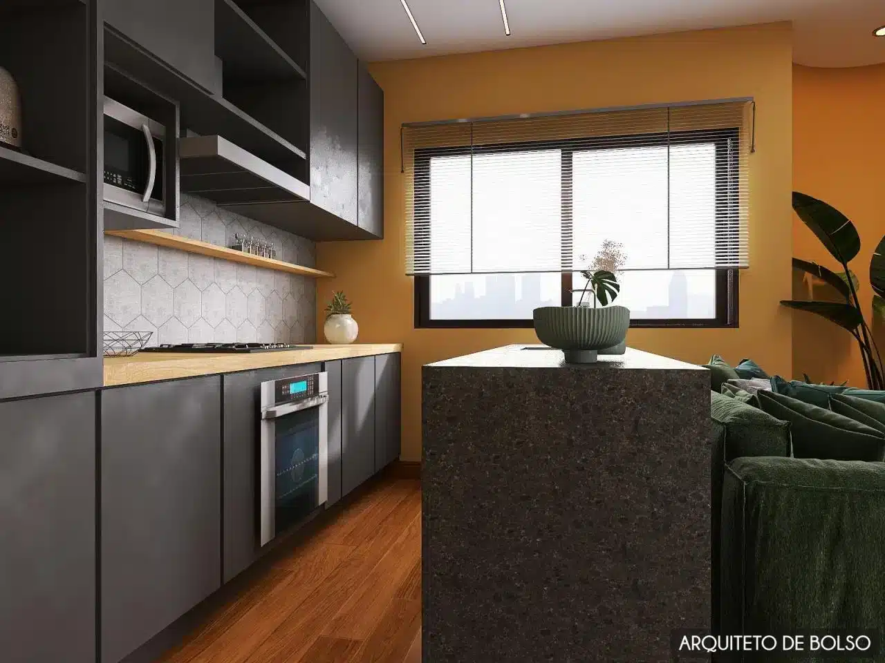 Projeto de cozinha que destaca a iluminação natural e espaço aproveitável.