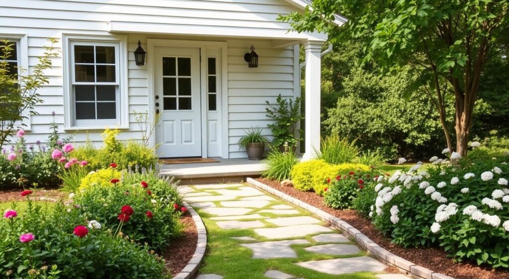 Entrada de casas com jardim simples.