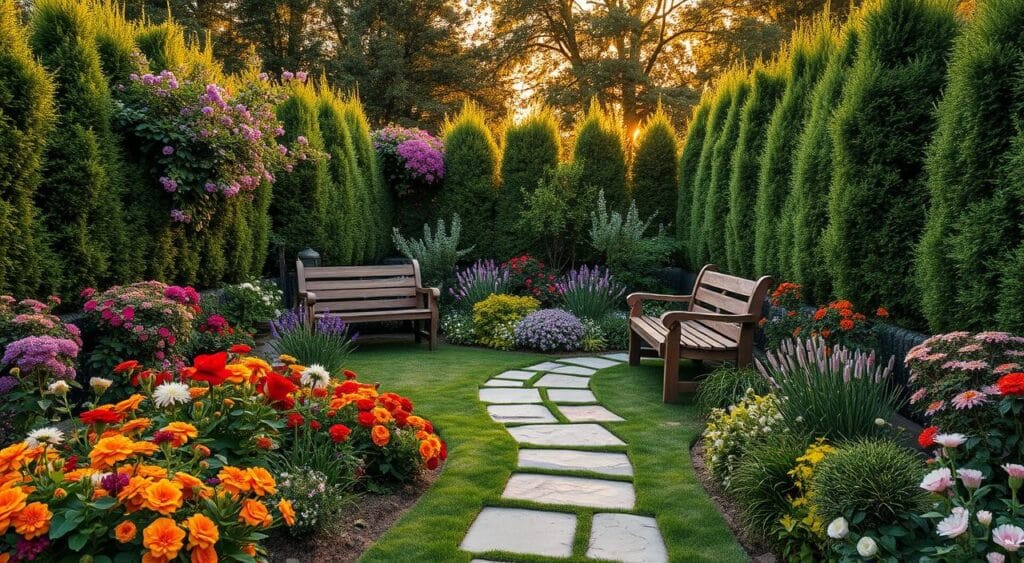 Imagem criativa de um jardim no quintal com decoração especial.