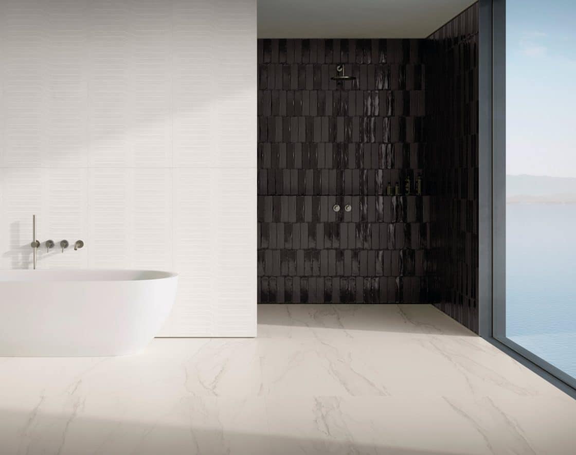 Reprodução de mármore é uma das preferidas em porcelanato retificado (Projeto: Portobello)