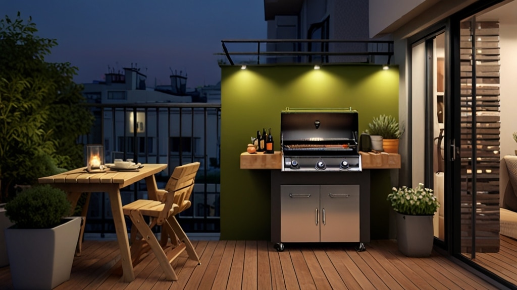 Imagem de uma varanda gourmet com decoração vertical, incluindo prateleiras e utensílios de cozinha.