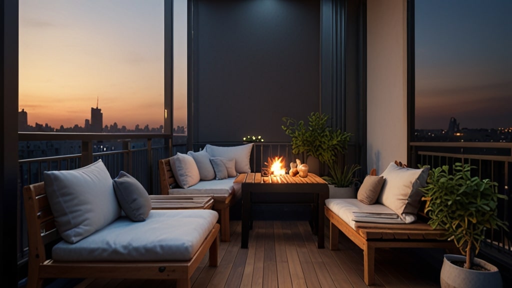 Imagem de uma varanda bem iluminada, mostrando plantas e uma atmosfera relaxante.