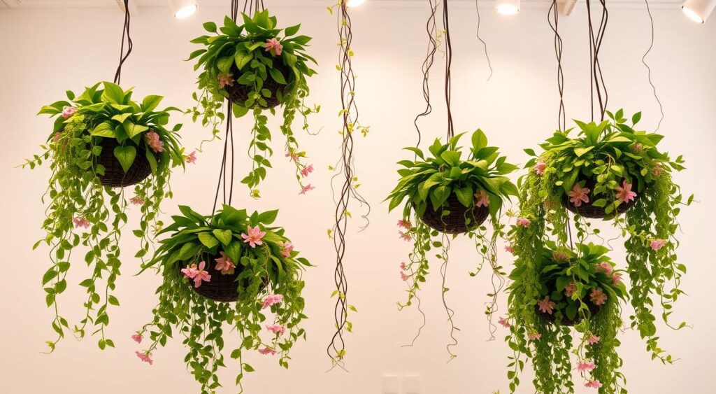 Arranjos suspensos na decoração de banheiro.