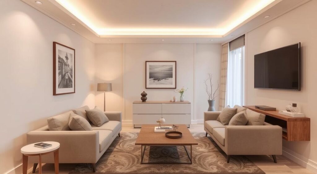 ELEGANT LIVING ROOM DECORATION: A PRACTICAL GUIDE WITH PHOTOS AND TRENDS FOR 2025 9 Sala pequena decorada de forma inteligente, utilizando móveis multifuncionais e cores claras para ampliar o espaço.