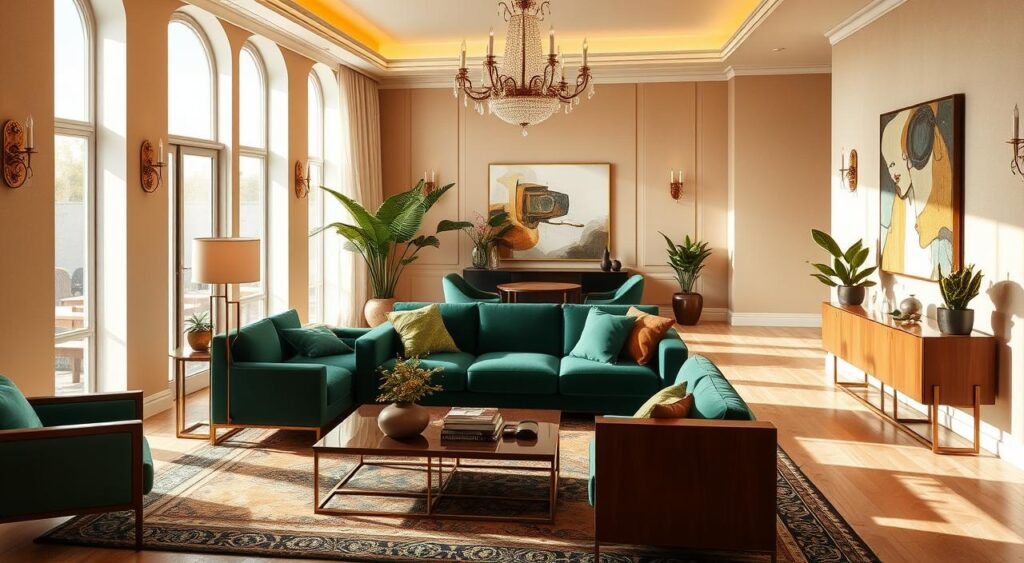 ELEGANT LIVING ROOM DECORATION: A PRACTICAL GUIDE WITH PHOTOS AND TRENDS FOR 2025 7 Exemplo de paleta de cores para sala, destacando os tons de verde e terracota que trazem aconchego.