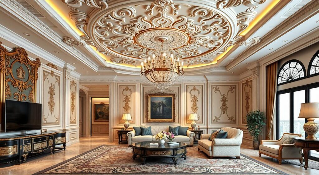 Ambiente decorado que integra gesso e verticalidade ao espaço.