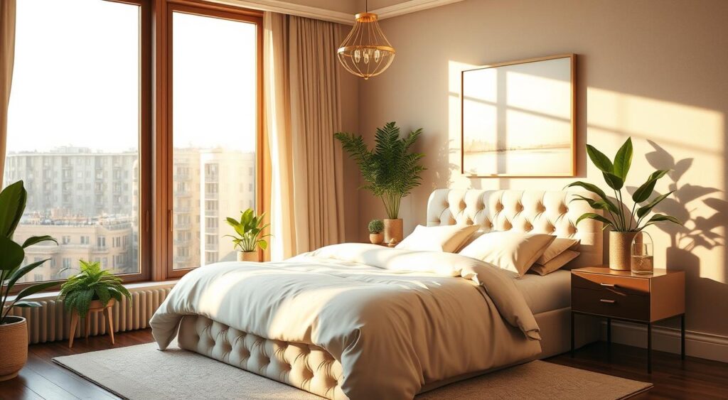 Decoração de quarto de casal que promove conforto e estilo de maneira acolhedora e romântica.