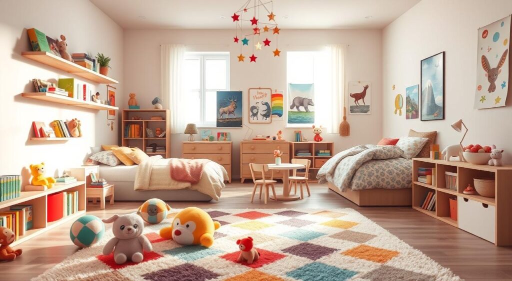 Decoração de quarto infantil que mistura conforto com elementos criativos para estimular a imaginação das crianças.
