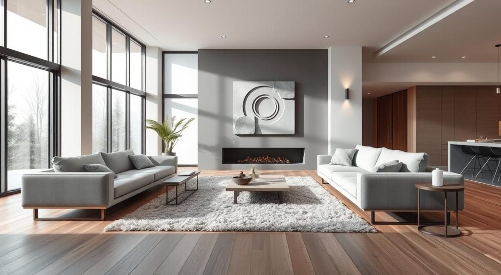 Sala moderna com design clean e móveis modulares, ilustrando funcionalidade e estilo.