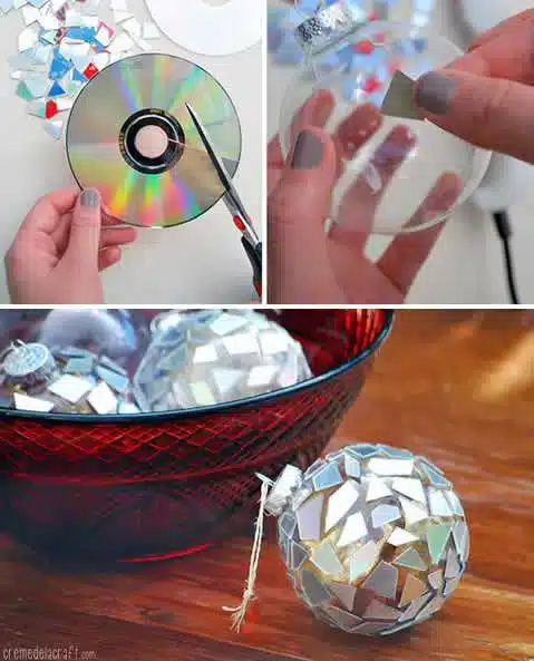 DIY Christmas Decorations: Create Your Own Holiday Cheer 3 Bola de Natal com CD, decorada com pedaços de CD recortados.
