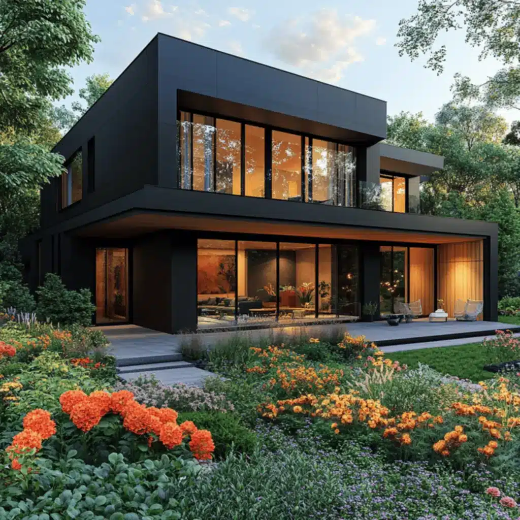 Transform Your Home with a Black Facade: Modern Style Secrets You Need to Know! 5 Outra imagem da casa com torre e fachada escura, que traz um visual impactante.