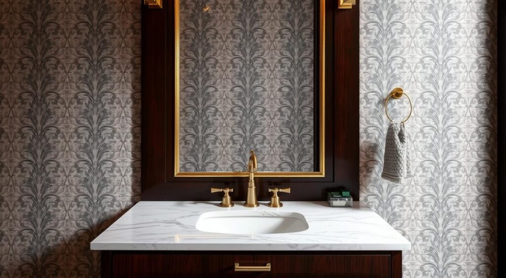 Papel de parede na decoração do lavabo.