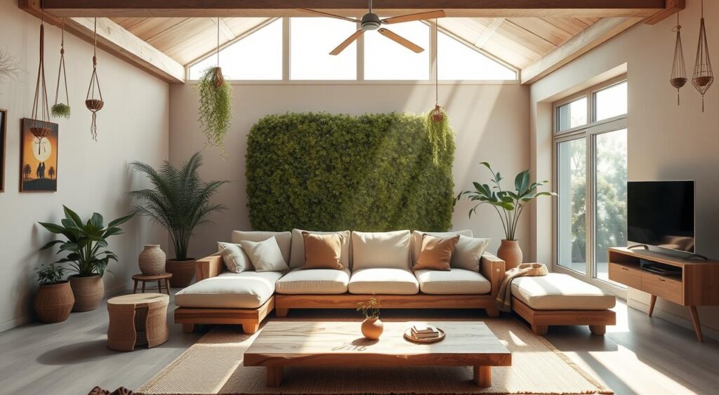 ELEGANT LIVING ROOM DECORATION: A PRACTICAL GUIDE WITH PHOTOS AND TRENDS FOR 2025 5 Sala decorada enfatizando a sustentabilidade, apresentando materiais ecológicos e texturas naturais.