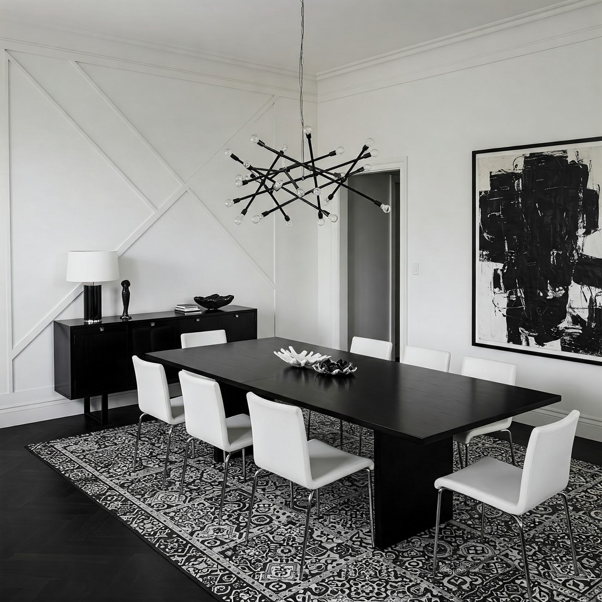 Uma parede de destaque decorada com padrões em preto e branco.