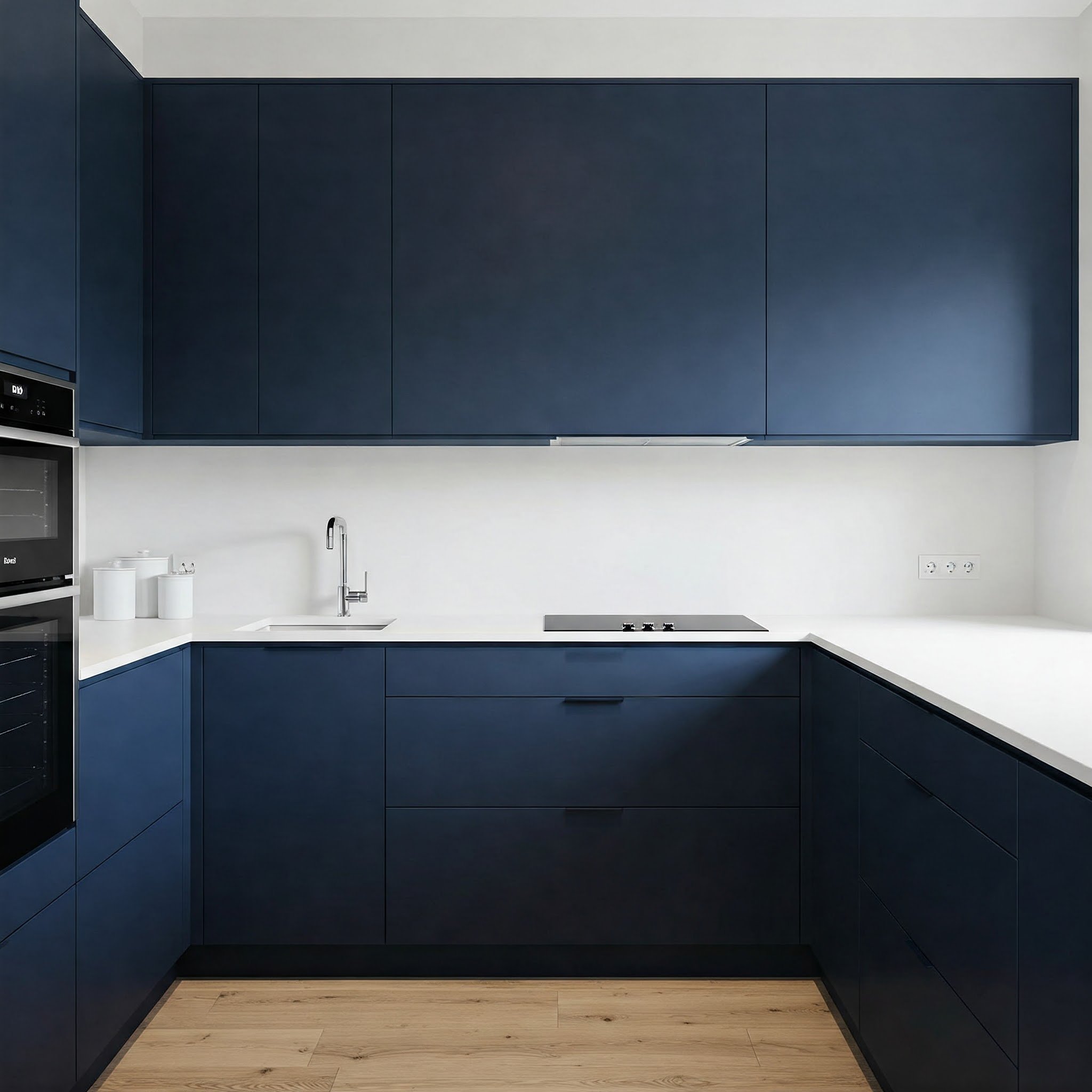 Cozinha em azul marinho contrastando com armários brancos, criando um efeito visual impactante e equilibrado.