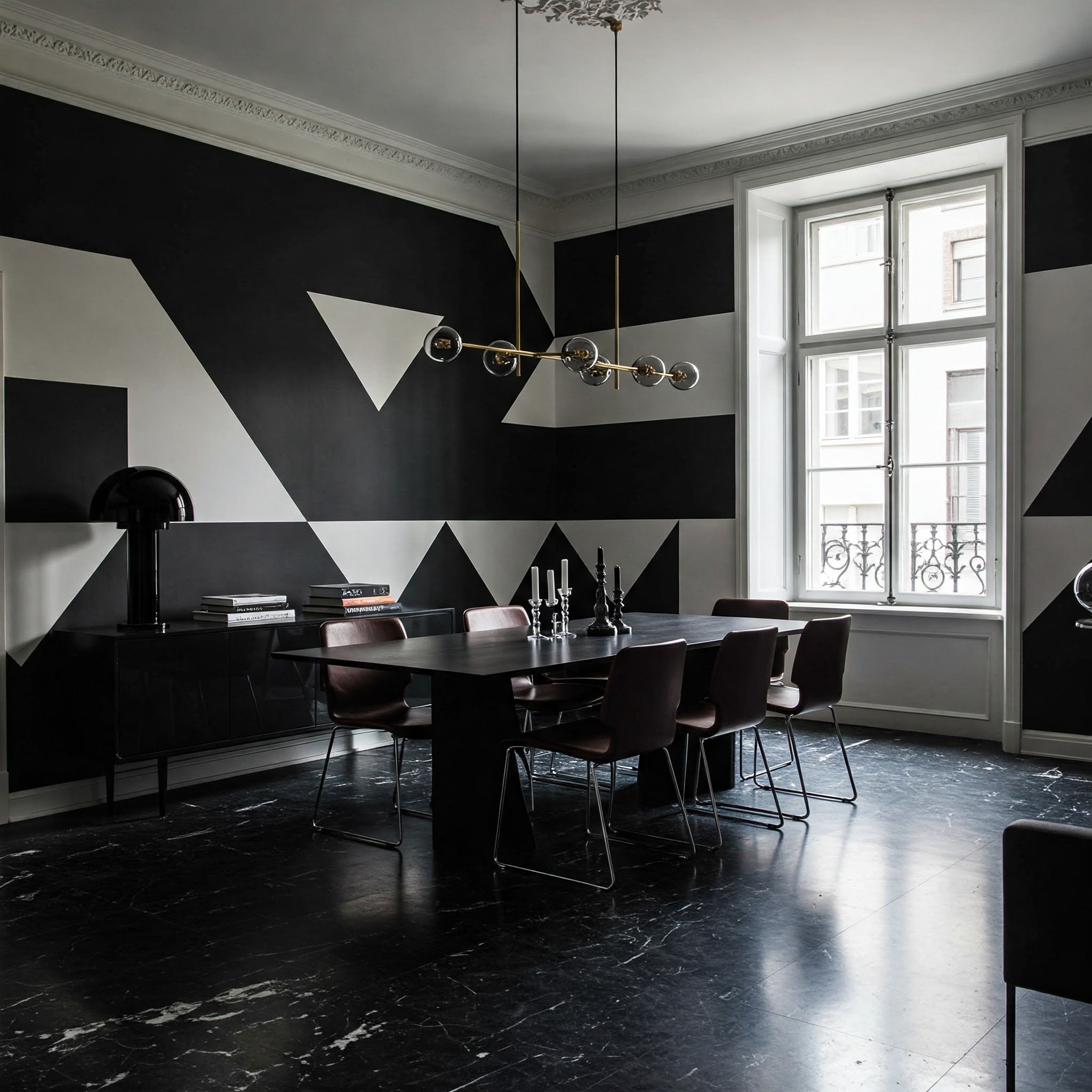 Misturando a estética minimalista e moderna em uma sala de jantar.