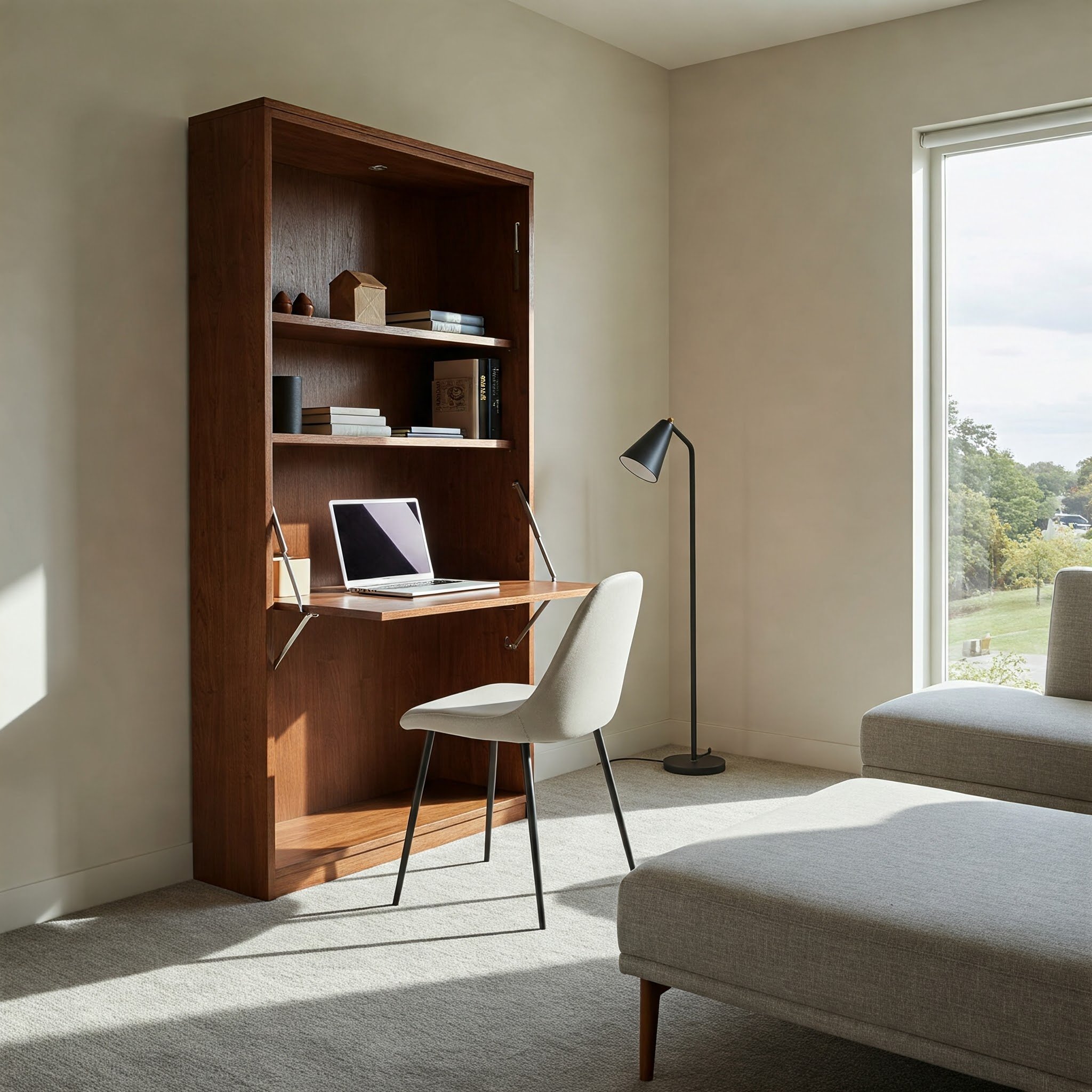 15 Stylish Office Guest Room Ideas to Inspire You 7 Uma imagem de prateleiras embutidas que unificam um ambiente de escritório com uma área de dormir, destacando a organização centralizada.