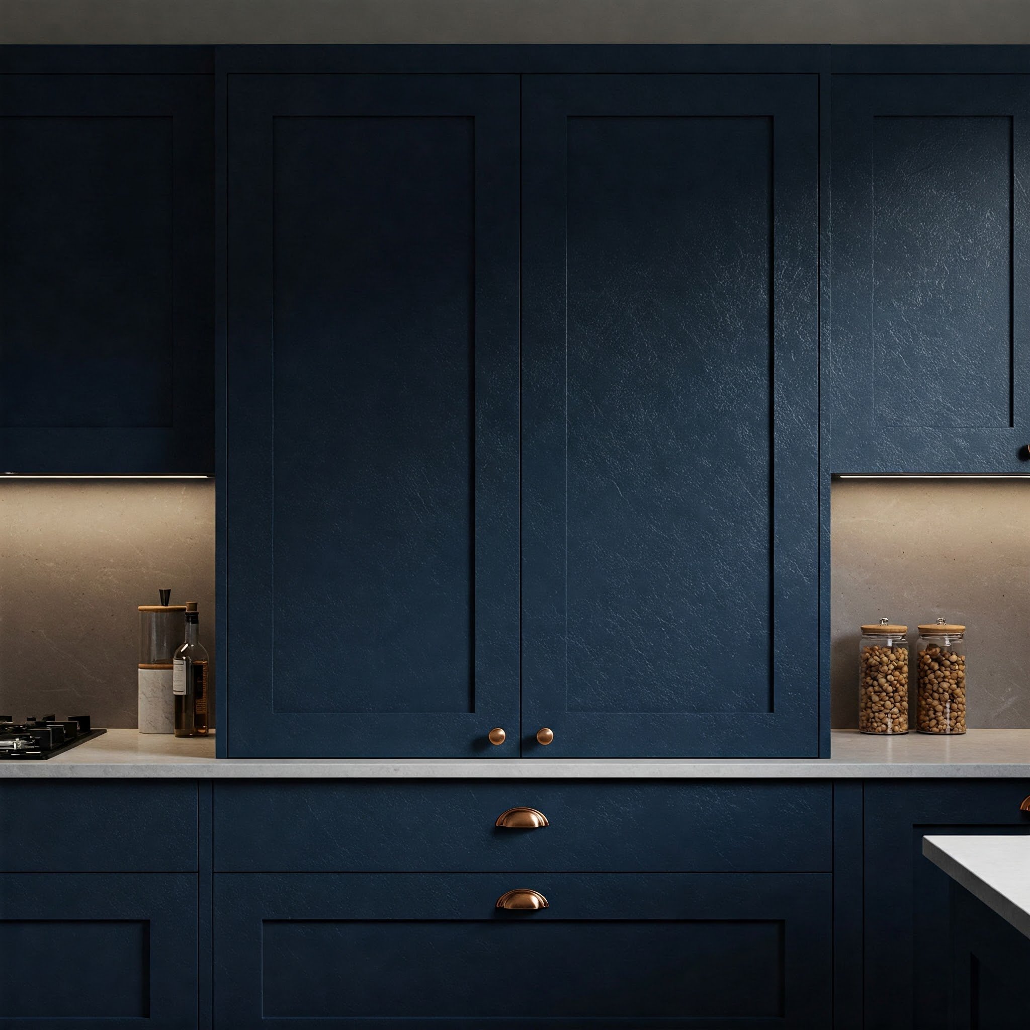 Armários de cozinha em duas tonalidades, com azul marinho na parte inferior e uma cor mais clara na parte superior.