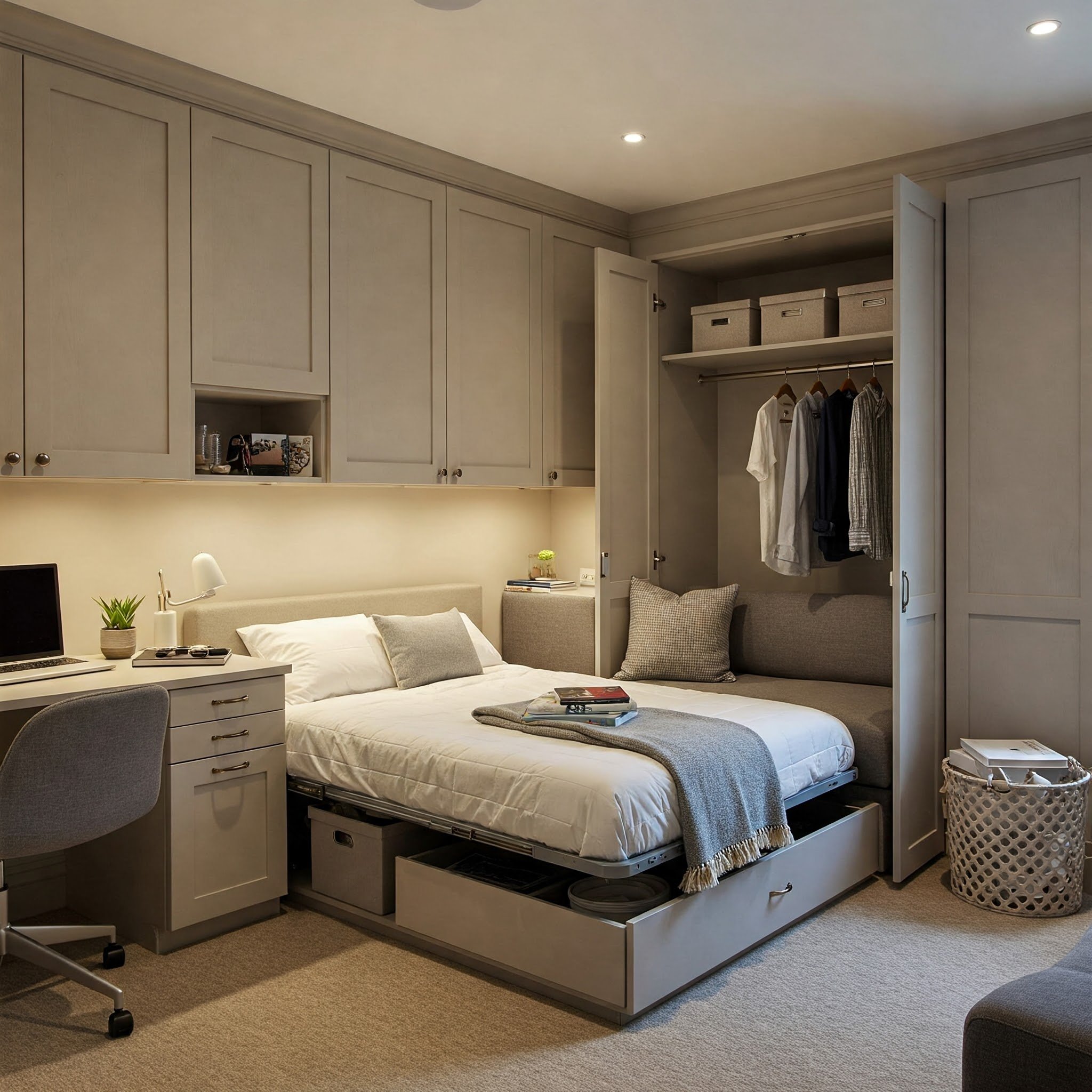 15 Stylish Office Guest Room Ideas to Inspire You 2 Uma imagem de prateleiras flutuantes elegantes usadas para exibir itens decorativos e práticos, mantendo o espaço arejado.