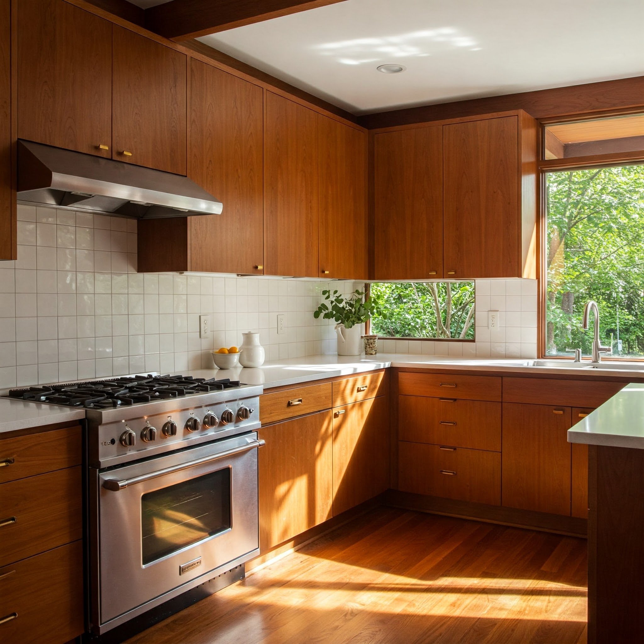 Cozinha com armários de madeira escura e um backsplash elegante.