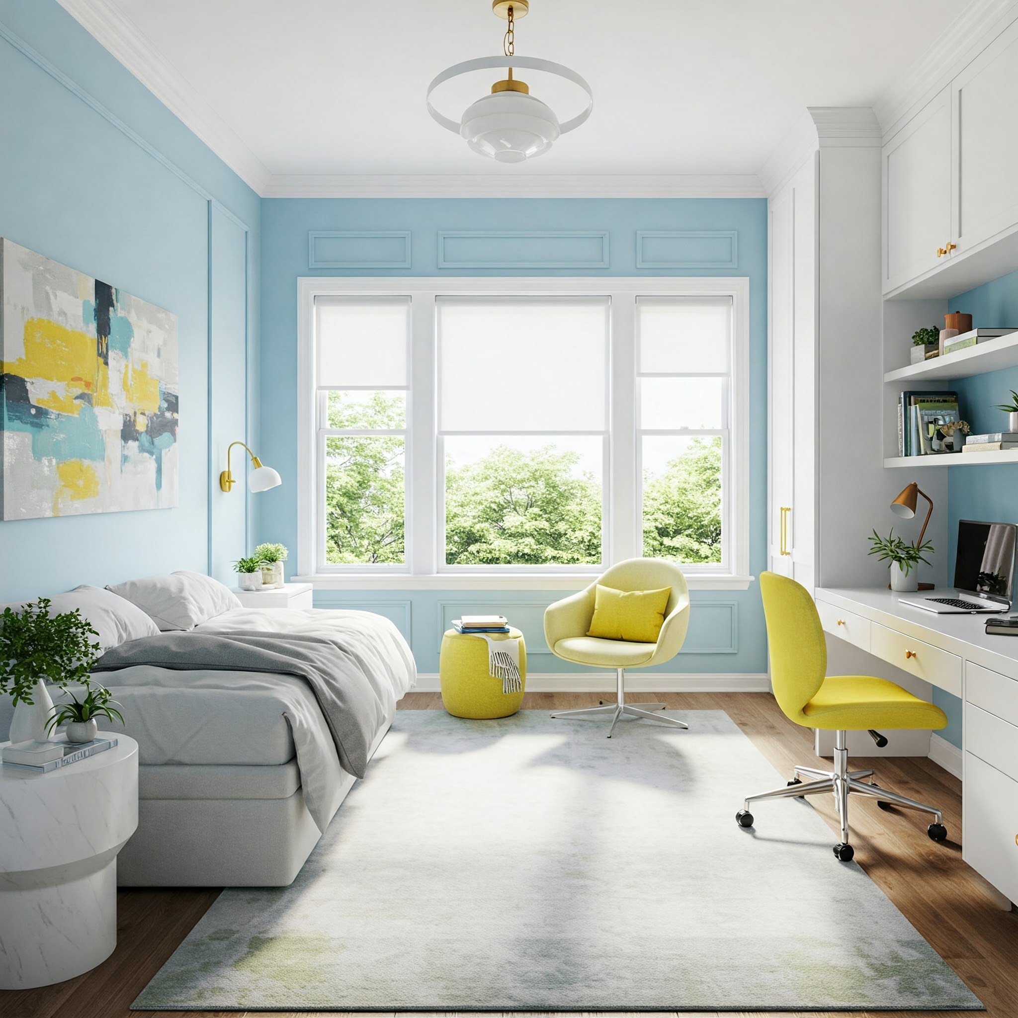 15 Stylish Office Guest Room Ideas to Inspire You 10 Uma imagem de soluções de armazenamento inteligente, como um ottoman ou carrinhos, que ajudam a manter a área limpa e organizada.