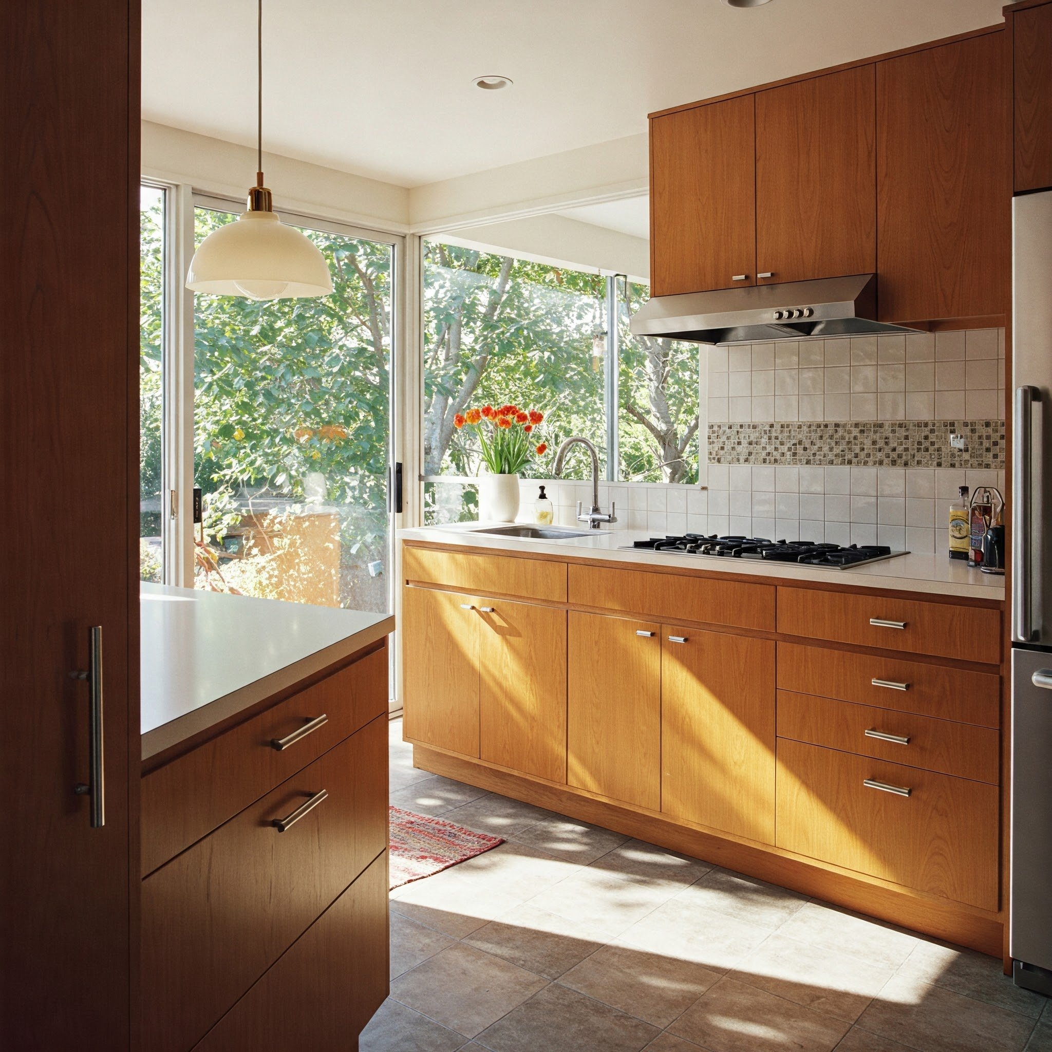 Cozinha com prateleiras abertas exibindo louças e decoração.