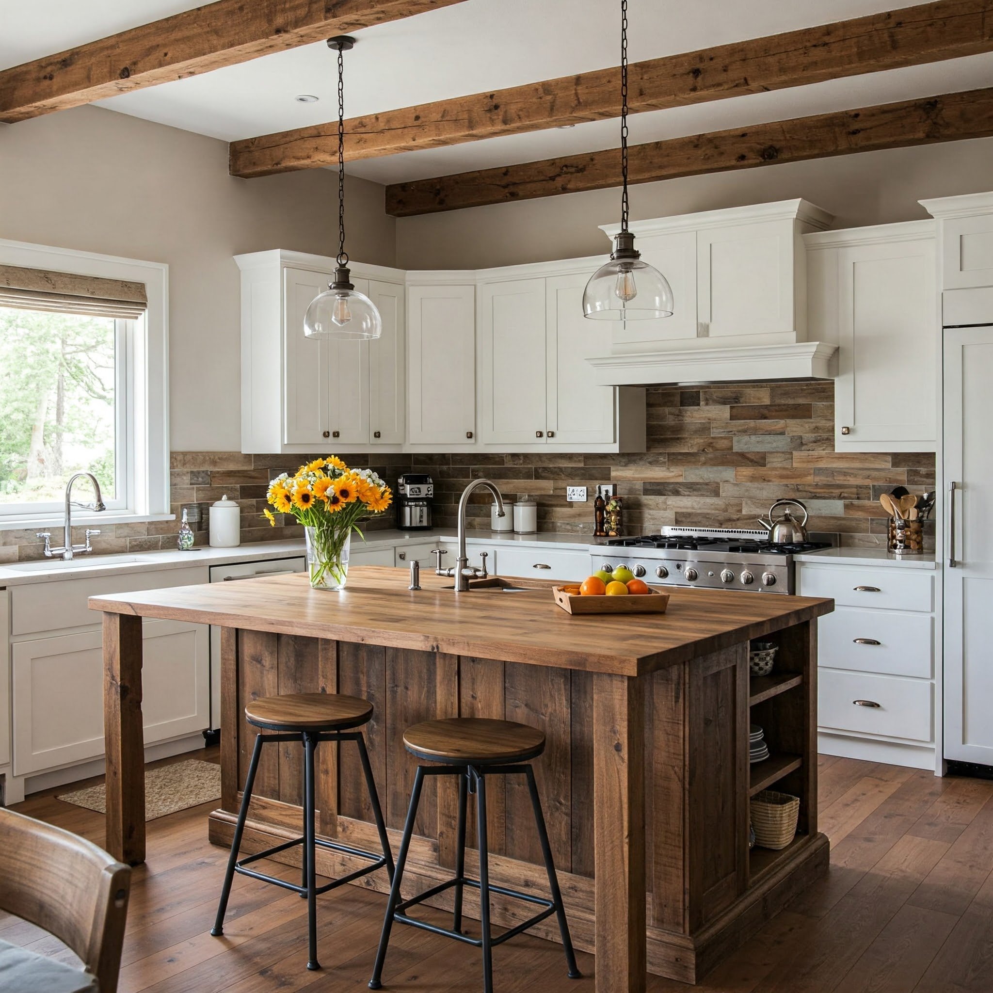 15 Modern Farmhouse Kitchen Ideas You'll Love 5 Cozinha com armários brancos, iluminação natural e um toque vintage nos detalhes.