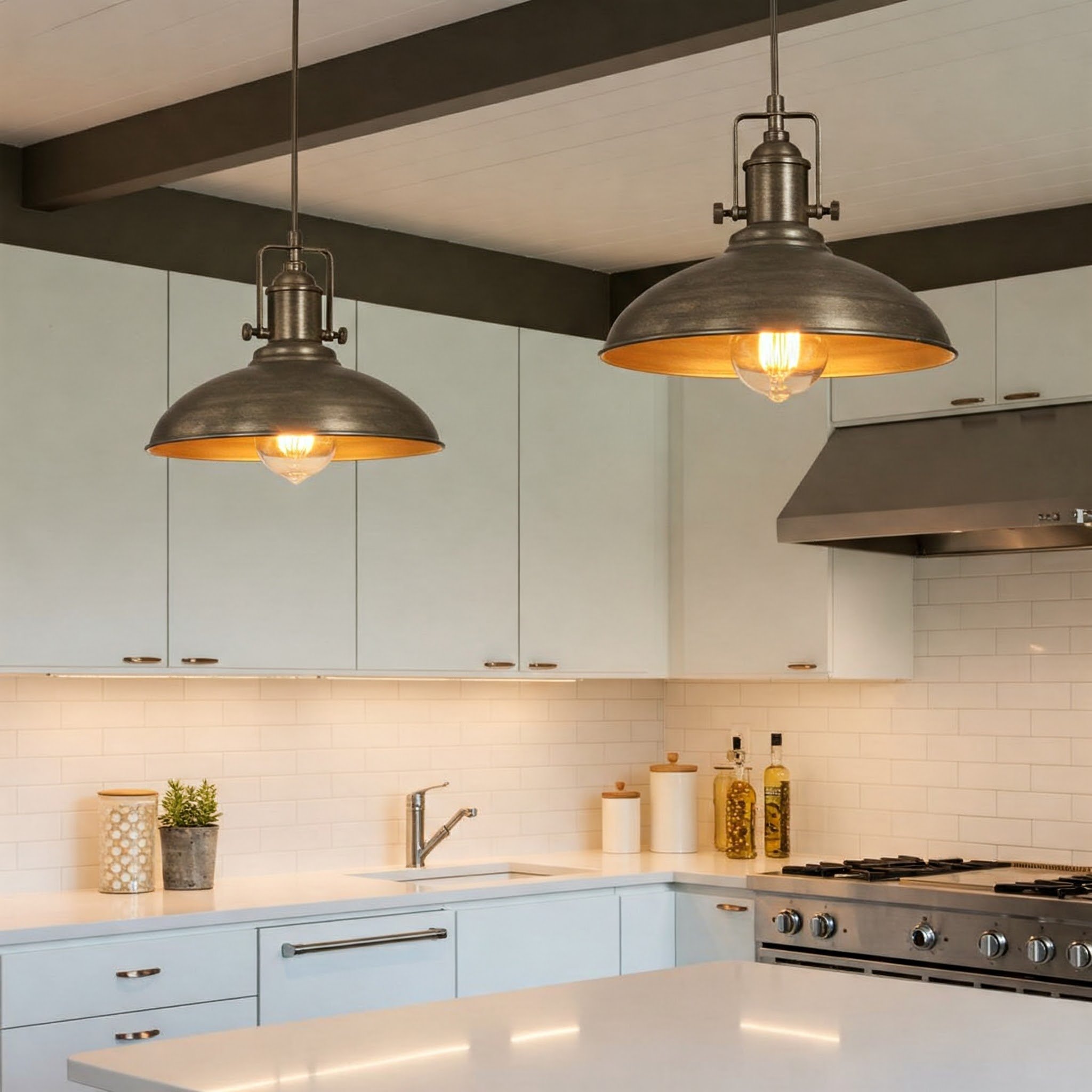 Detalhe de hardware minimalista em uma cozinha mid-century.