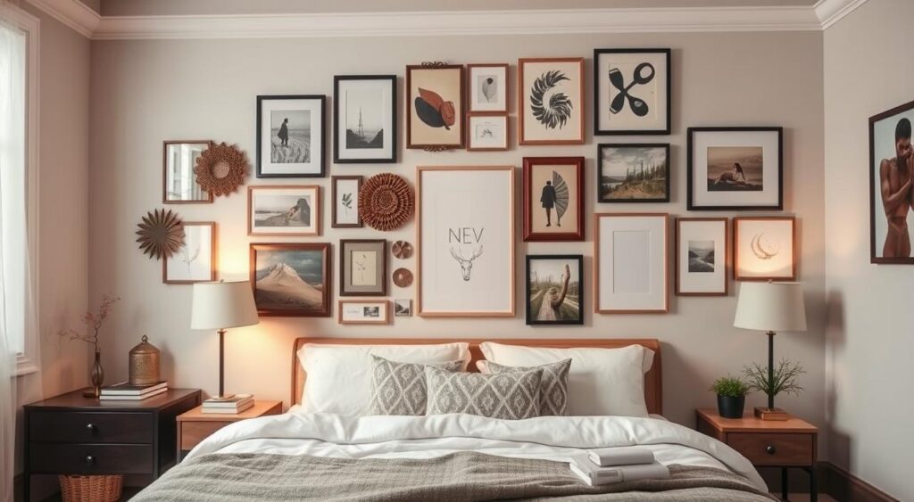 Um quarto moderno e acolhedor com decoração de parede bem pensada, focando na importância do estilo na atmosfera do espaço.