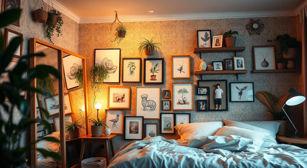 Uma parede de quarto adornada com uma mistura eclética de arte emoldurada e plantas pendentes, oferecendo um visual acolhedor.