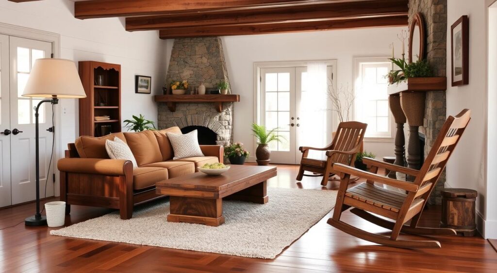 Sala de estar de um estilo rural, com móveis de madeira e tecidos confortáveis.