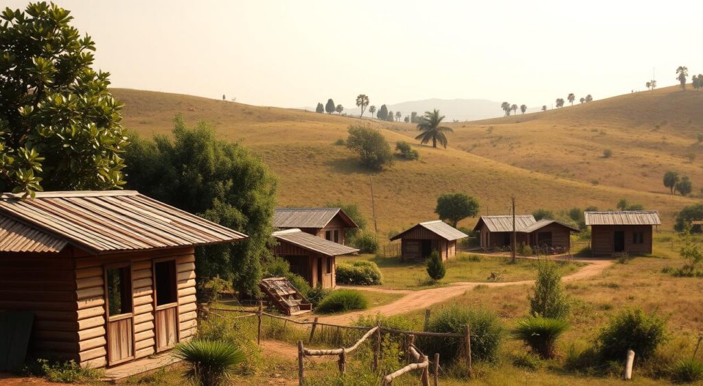 Configuração rústica e pitoresca de casas rurais econômicas, rodeadas pela natureza.