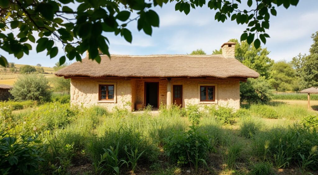 Casa rural rústica em meio à paisagem exuberante, com paredes de madeira.