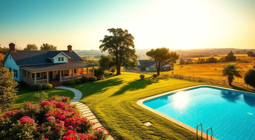 Country House with Pool: Several Photos to Enchant You 5 Uma tranquila propriedade campestre cercada de verde com uma casa de fazenda pitoresca.