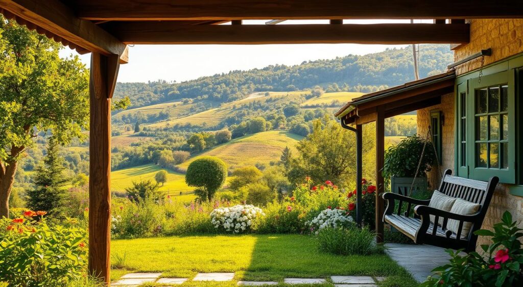 Casa de campo idílica aninhada em uma paisagem verdejante, oferecendo um ambiente tranquilo.